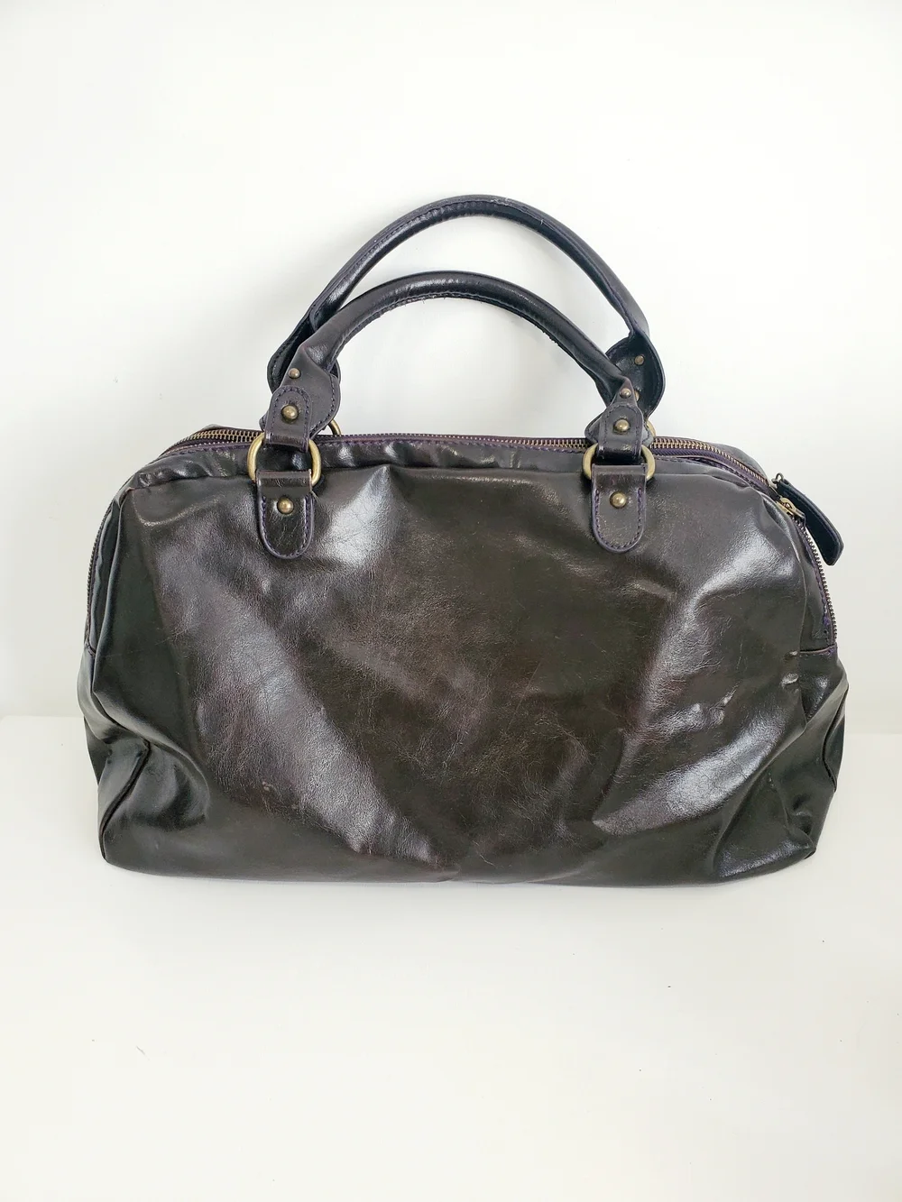 Aldo Dark Brown Glossy Vegan Leather Satchel - Picture 3 of 9